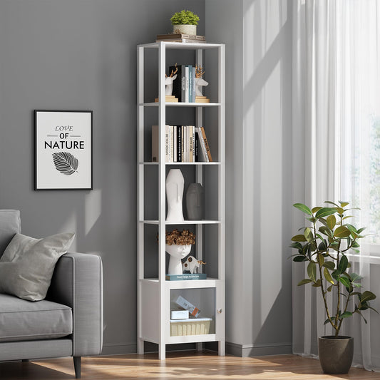 TUTOTAK 6 Tier Bookcase and Bookshelf, Narrow Book Shelf with Door for Small Space, for Living Room, Office, Study, Entryway, White BS03BW006