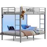 IKIFLY Full Over Full Bunk Beds with LED Lights and Charging Station, Heavy Duty Metal Full Size Bunk Bed Frame, Safety Guardrail & 2 Ladders, Space-Saving Design, No Box Spring Needed, Silver Grey IKIFLY
