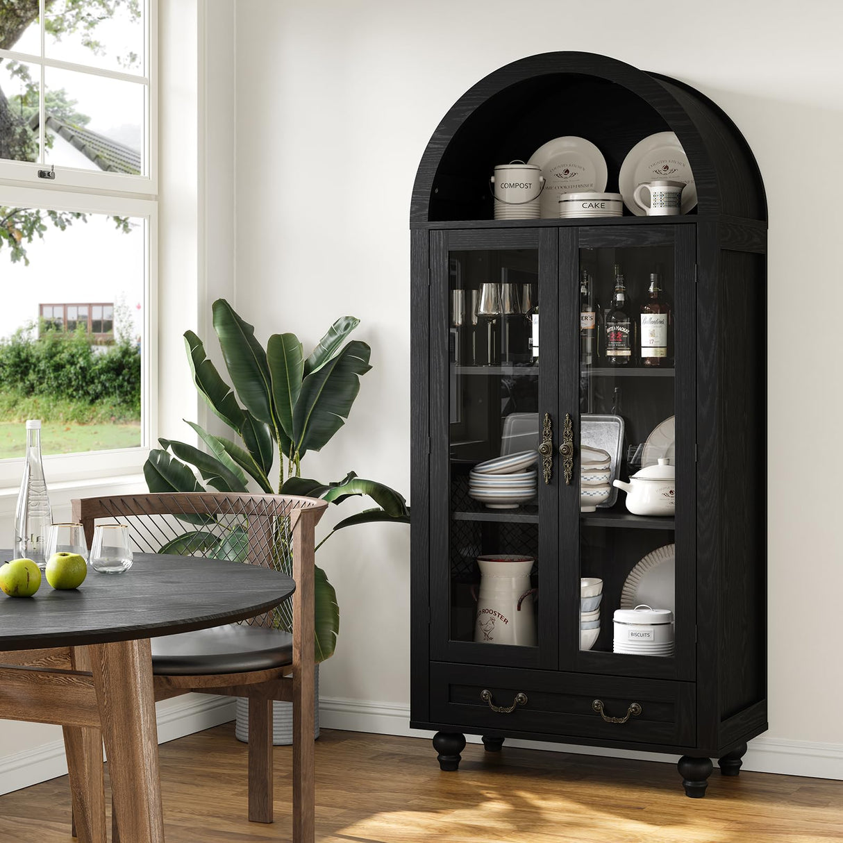Furniouse 70.2" Farmhouse Tall Arched Storage Cabinet with Glass Doors, Black Arched Freestanding Storage Cabinet Decent Cabinet for Kitchen Pantry, Dining Room Furniouse