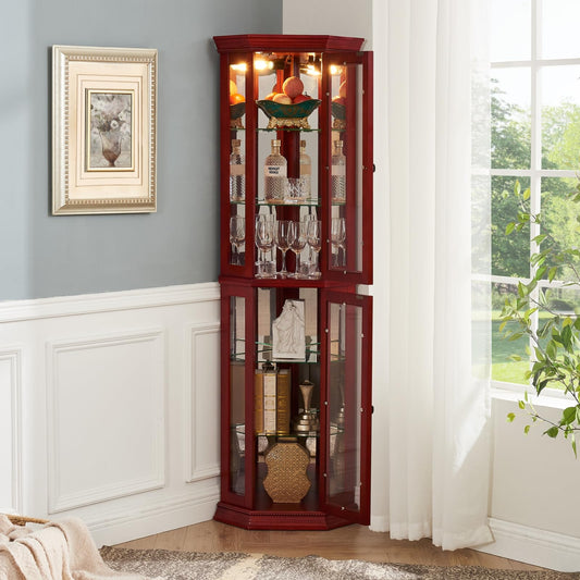 SUNLIFER Curio Cabinets with Glass Doors: Lighted Corner Display Curio Cabinet with Adjustable Shelves | Tall Wood China Cabinet - Bar and Liquor Storage Area for Living Room - Cherry - WoodArtSupply