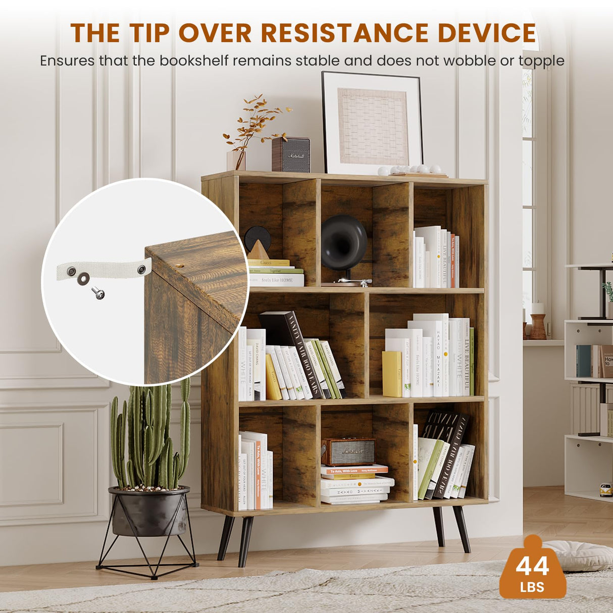 GRUSIGN 8 Cube Bookshelf 3 Tier Mid-Century Rustic Brown Modern Bookcase with Legs,Retro Wood Book Shelf Storage Organizer Shelf,Freestanding Organizer Display Shelf for Bedroom,Living Room,Office GRUSIGN