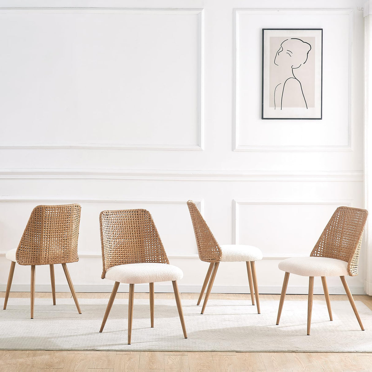 YLKHOME Rattan Dining Chairs Set of 4, Rattan Set of 4 Dining Chairs with Cane PE Rattan Backrest,Upholstered Boucle Fabric Dining Chairs Set of 4, Cesca Cane Dining Chairs for Bedroom, Kitchen YLKHOME