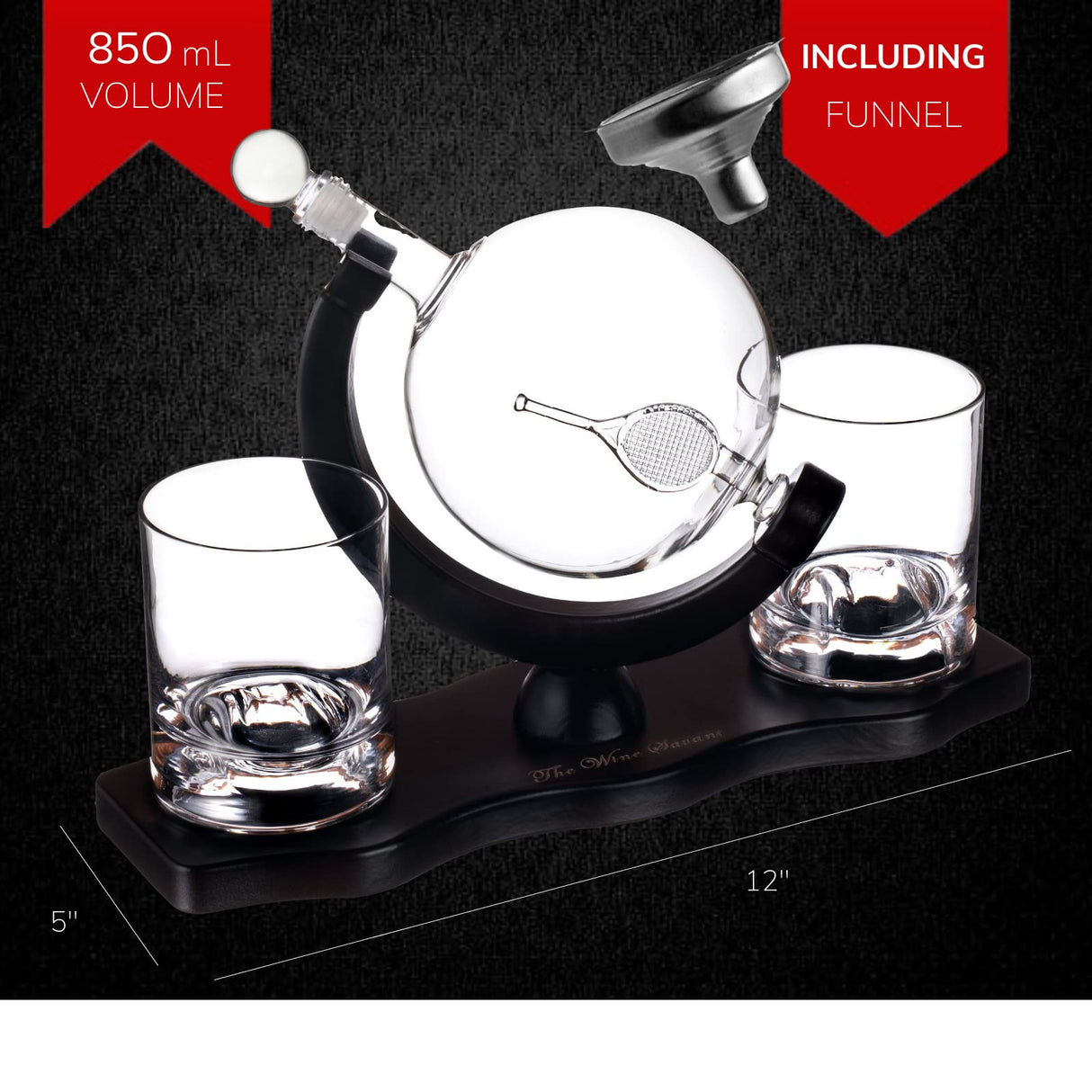 Globe Whiskey Decanter Set with 2 Liquor Glasses - Tennis Whisky Decanter & Glass Set with Elegant Mahogany Wood Base - Tennis Gifts for Dad, Men - Bourbon & Scotch Decanter - Tennis Lovers Gifts The Wine Savant