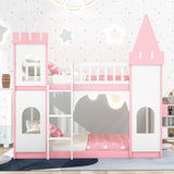 Merax Twin Size Loft Bed Low Bunk Bed, Castle Shaped Wood Bed Frames with Safety Guardrails for Boys or Girls, Pink Merax