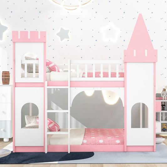 Merax Twin Size Loft Bed Low Bunk Bed, Castle Shaped Wood Bed Frames with Safety Guardrails for Boys or Girls, Pink