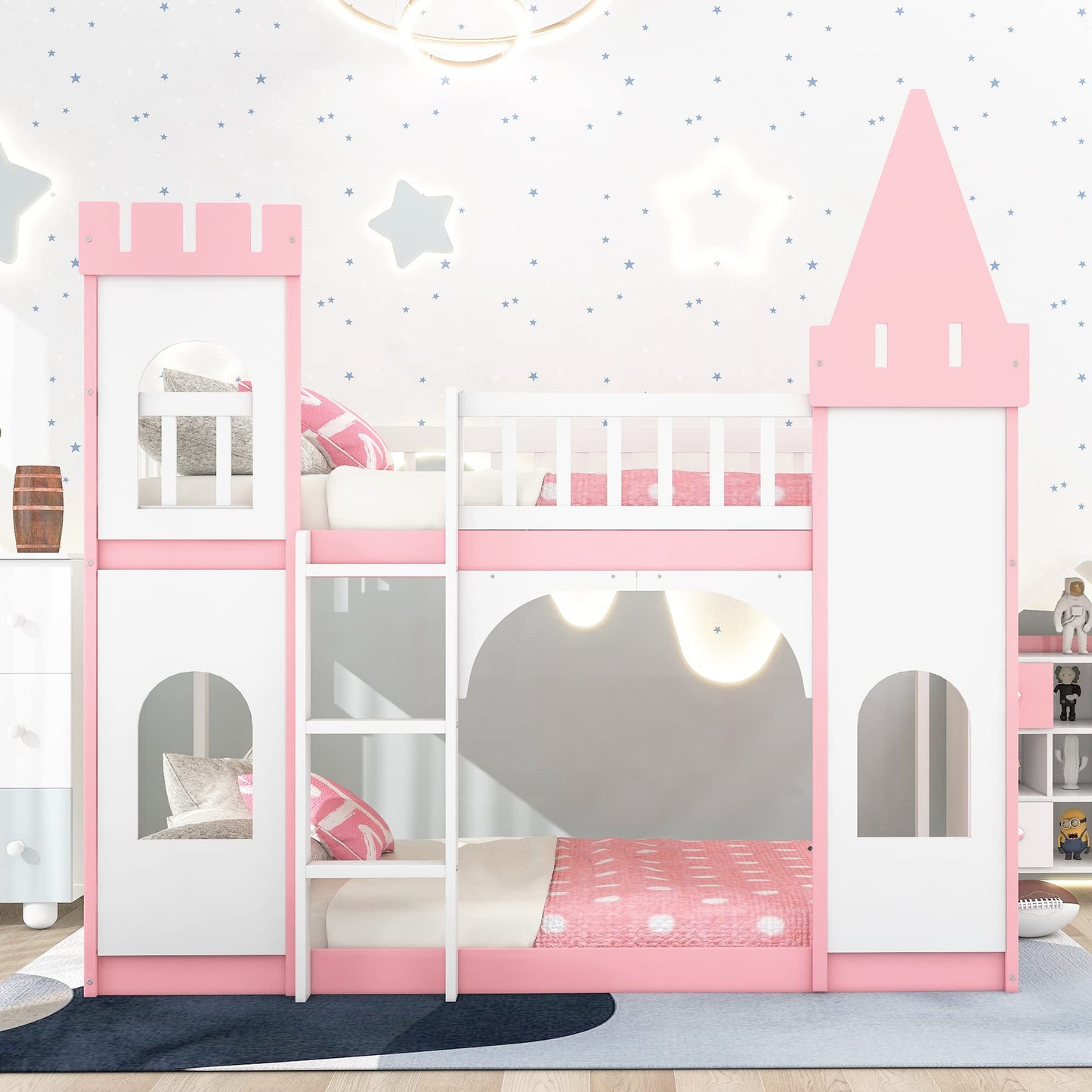 MERITLINE Kids Low Bunk Bed Twin Over Twin, Wooden Castle Shape Loft Bunk Bed Frame for Kids, Toddler Bunk Beds with Safety Rail and Ladder, Floor Bunk Bed for Boys Girls Bedroom Dorm (Pink)