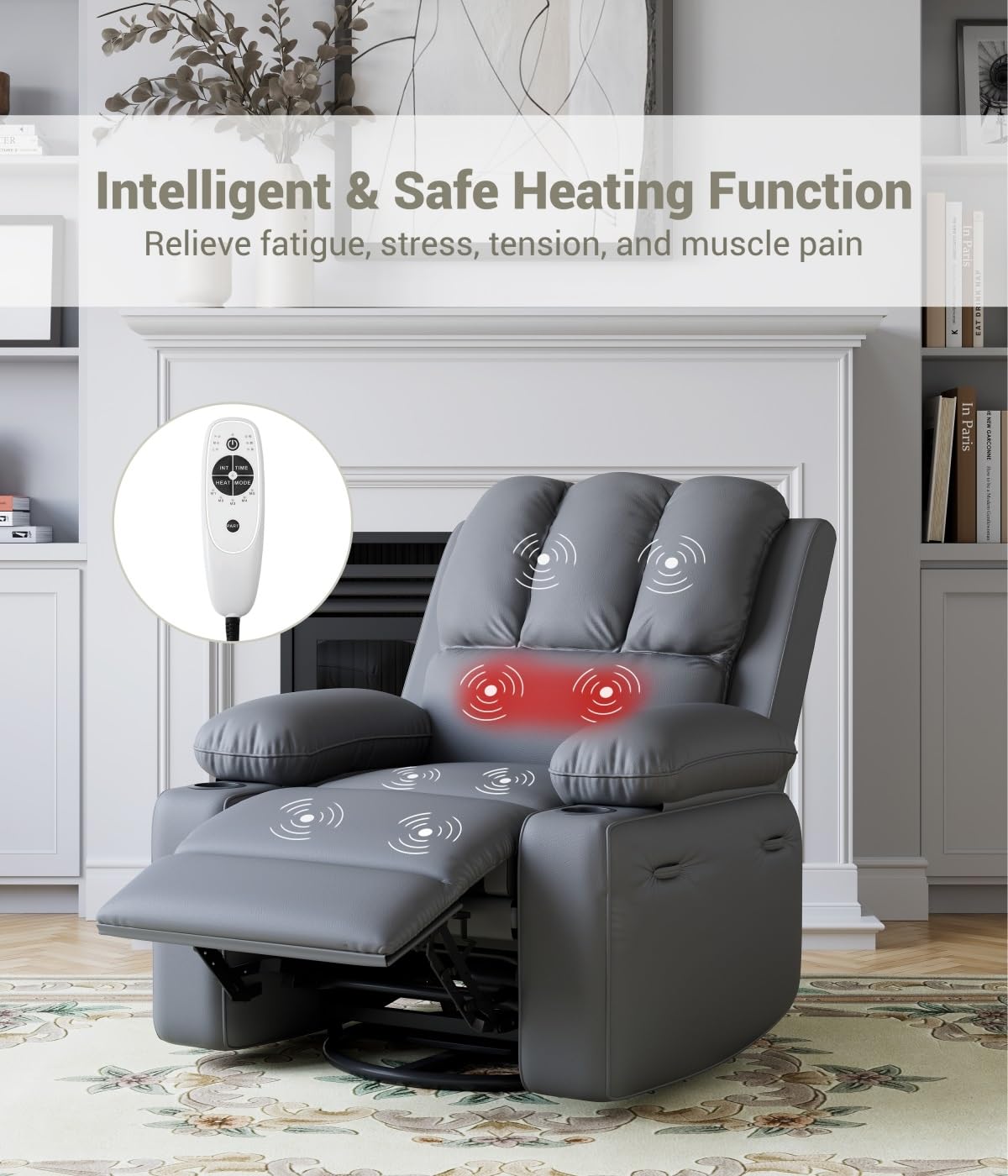 Oversized Recliner Chairs with Heat and Massage - 360° Swivel Lazy Recliner Chair for Adults- Manual Recliner Chair with Cup Holder for Living Rooms, Bedrooms and Nurseries - Grey Garveehome