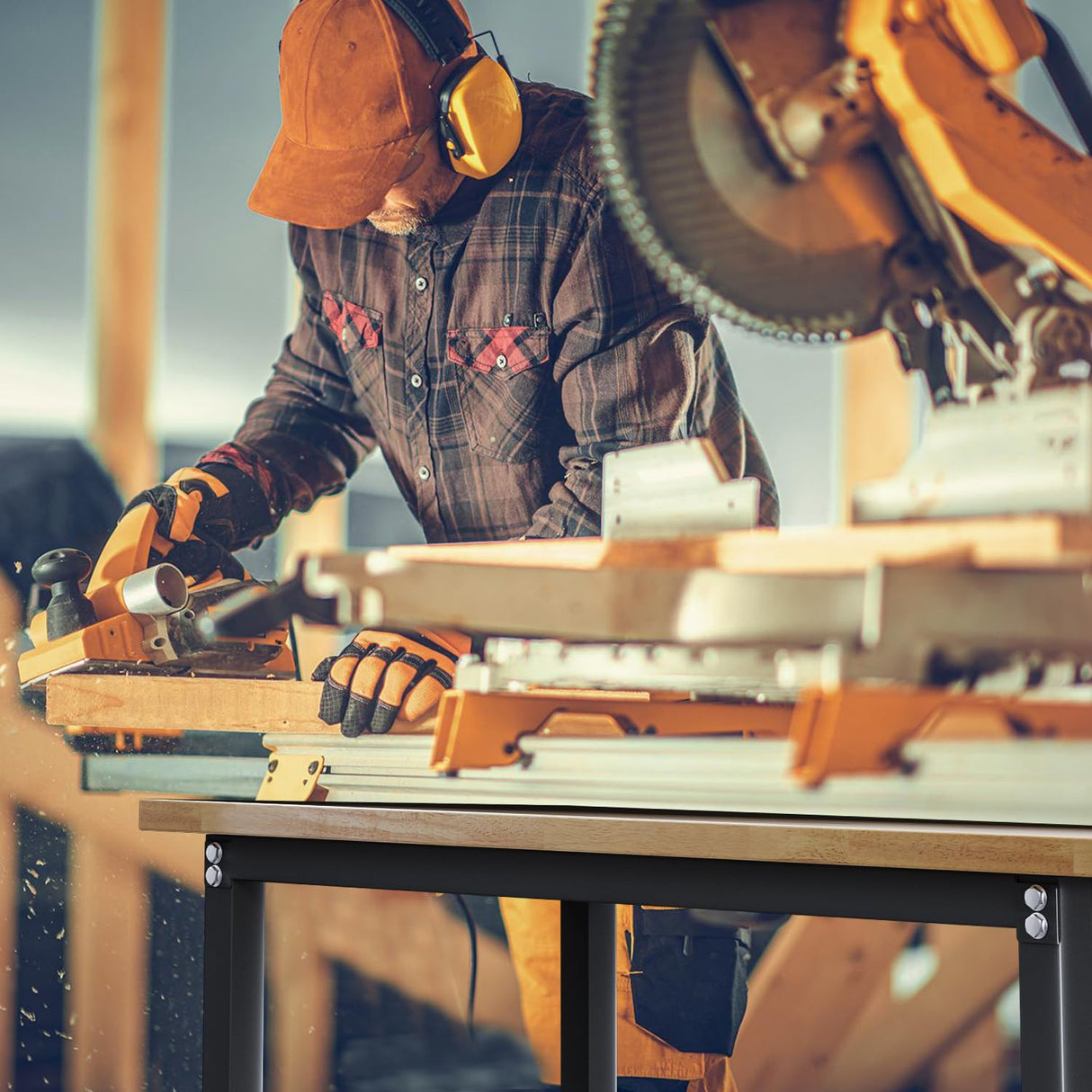 48" Adjustable Workbench with Power Outlet, Oak Hardwood Top Heavy Duty Work Bench, Wood Workbenches for Garage, Workshop, Office, Home, 2000 LBS Load Capacity Work Table HONRISE