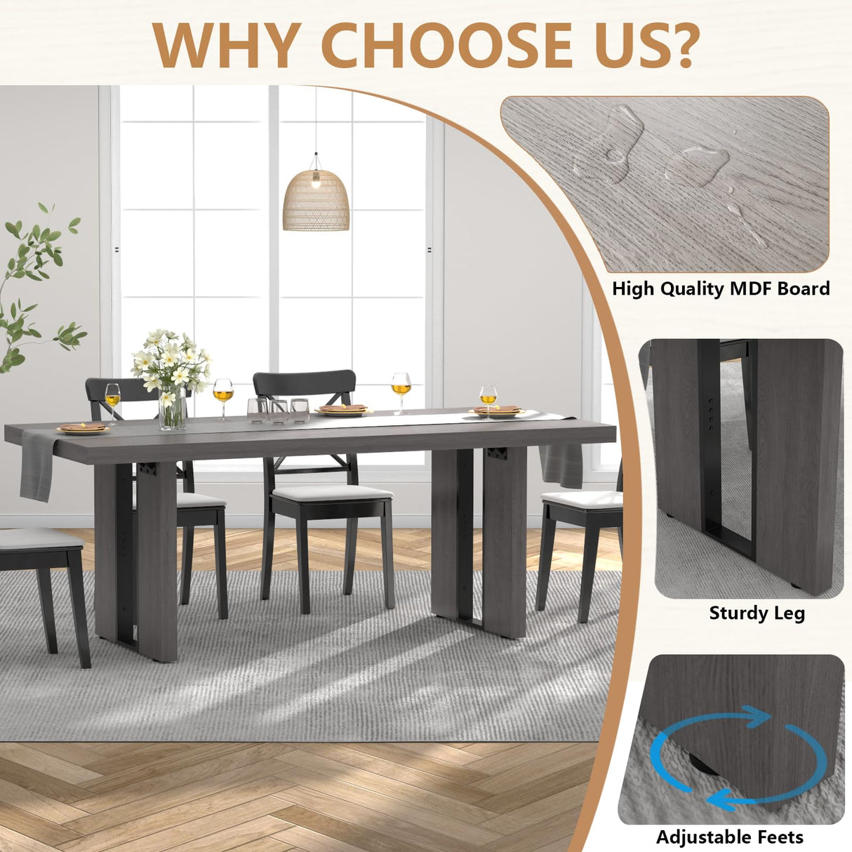 Loomie 70.8 Inch Dining Table, Rustic Farmhouse Kitchen Table for 6-8 People, Large Dinning Room Furniture Rectangle Dinner Table for Living Room, Apartment, Home Office, Vintage Grey Loomie