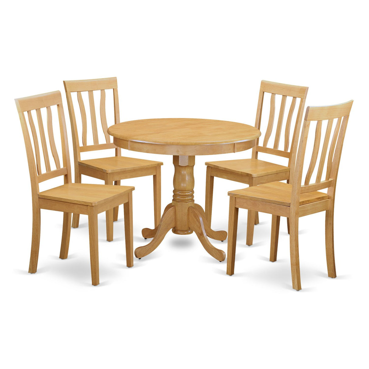 East West Furniture Antique 5 Piece Room Set Includes a Round Wooden Table with Pedestal and 4 Kitchen Dining Chairs, 36x36 Inch, ANTI5-OAK-W East West Furniture