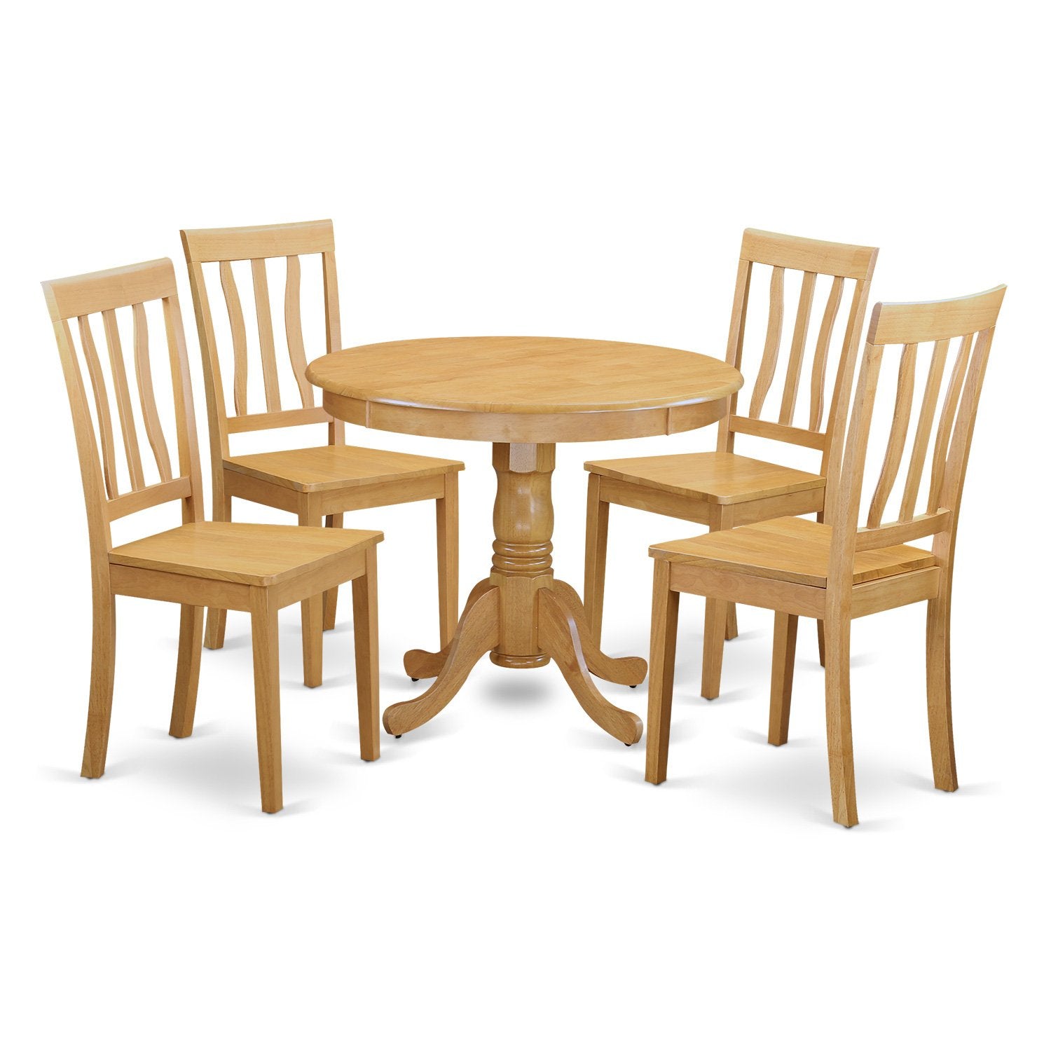 East West Furniture Antique 5 Piece Room Set Includes a Round Wooden Table with Pedestal and 4 Kitchen Dining Chairs, 36x36 Inch, ANTI5-OAK-W - WoodArtSupply