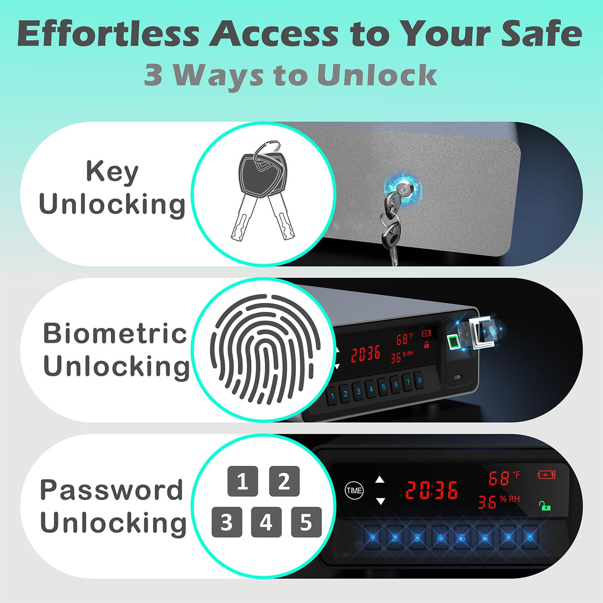 QINGENO Smart Gun Safe with Security Cable - Biometric Pistol Safe for 2 Handgun 3 Ways Quick Access with Fingerprint/Keypad/Key, for Nightstand Bedside Home with LCD and Voice Guide (Grey) QINGENO