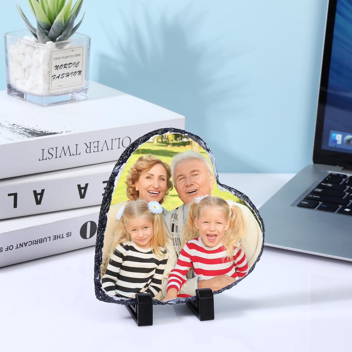 Seajan 18 Pieces Sublimation Slate Blanks Heart Shaped Stone Customized Memorial Frame with Display Stands 5.9 x 5.9 Inch Rock Sublimation Plaque Blank Personalized Picture Frame for Heat Transfer Seajan