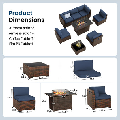 Amopatio 8 Pieces Patio Furniture Set with 44" Fire Pit Table, Outdoor Sectional Furniture Rattan Conversation Sofa, Patio Couch with Glass Coffee Table, 2 Waterproof Covers (Navy Blue) - WoodArtSupply