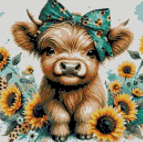 Cow Stamped Cross Stitch Kits for Adults Beginner, Sunflowers Counted Cross Stitch Kits Printed Stitching Cute Patterns Dimensions Needlepoint Art Crafts Embroidery Kits for Adults Beginners