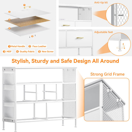 YILQQPER Dresser for Bedroom TV Stand with Power Outlets and LED Light, 6 Drawers Dresser with Side Pockets & Hooks, Wide Dresser with Shelves for 45" TV, Fabric Chest of Drawers with PU Finish, White YILQQPER