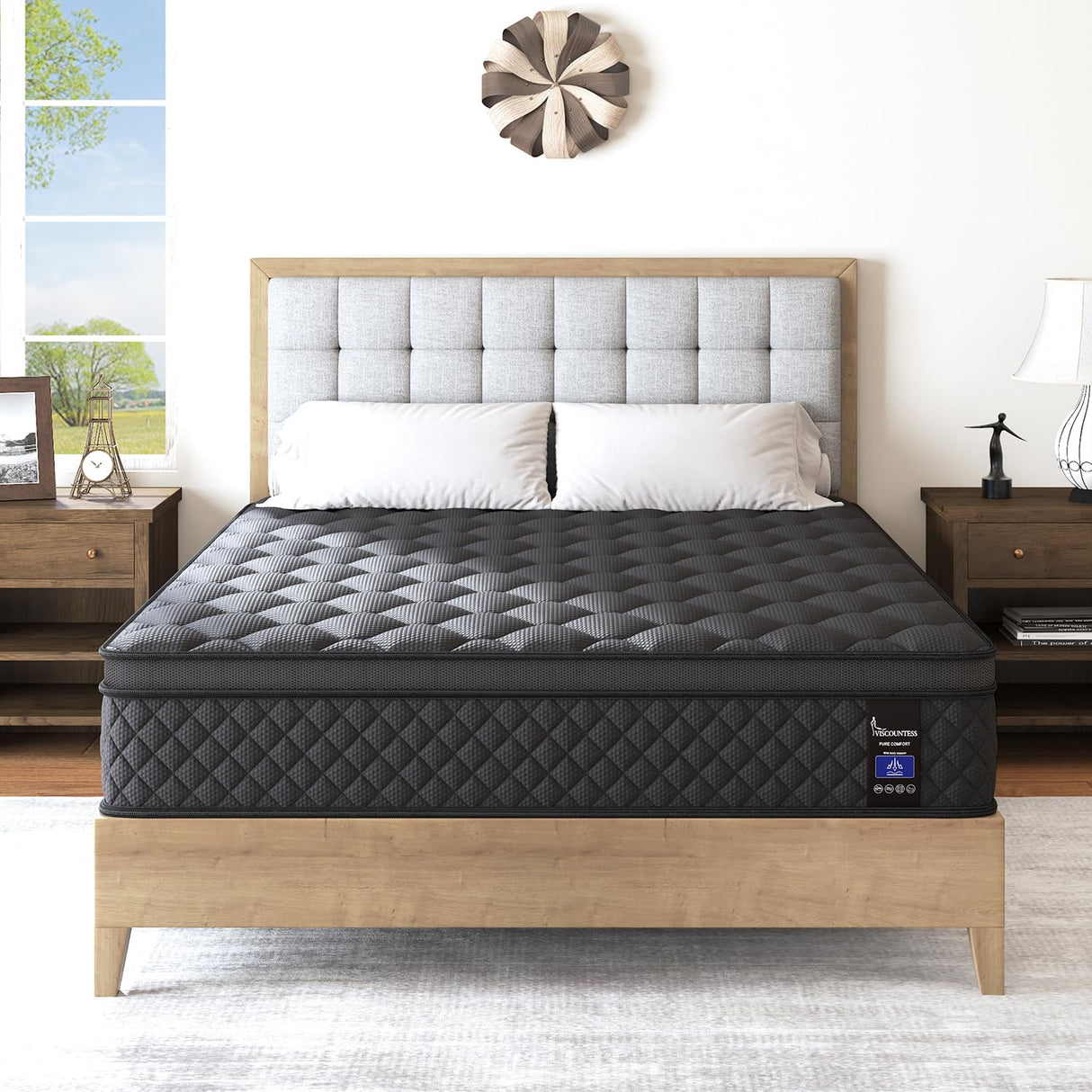 VISCOUNTESS Full Hybrid Mattress, 14 Inch Medium Mattresses Euro Top for Back & Lumbar Support, 100 Night Trial, Individual Pocket Spring Bed for Motion Isolation & Pressure Relief Black VISCOUNTESS