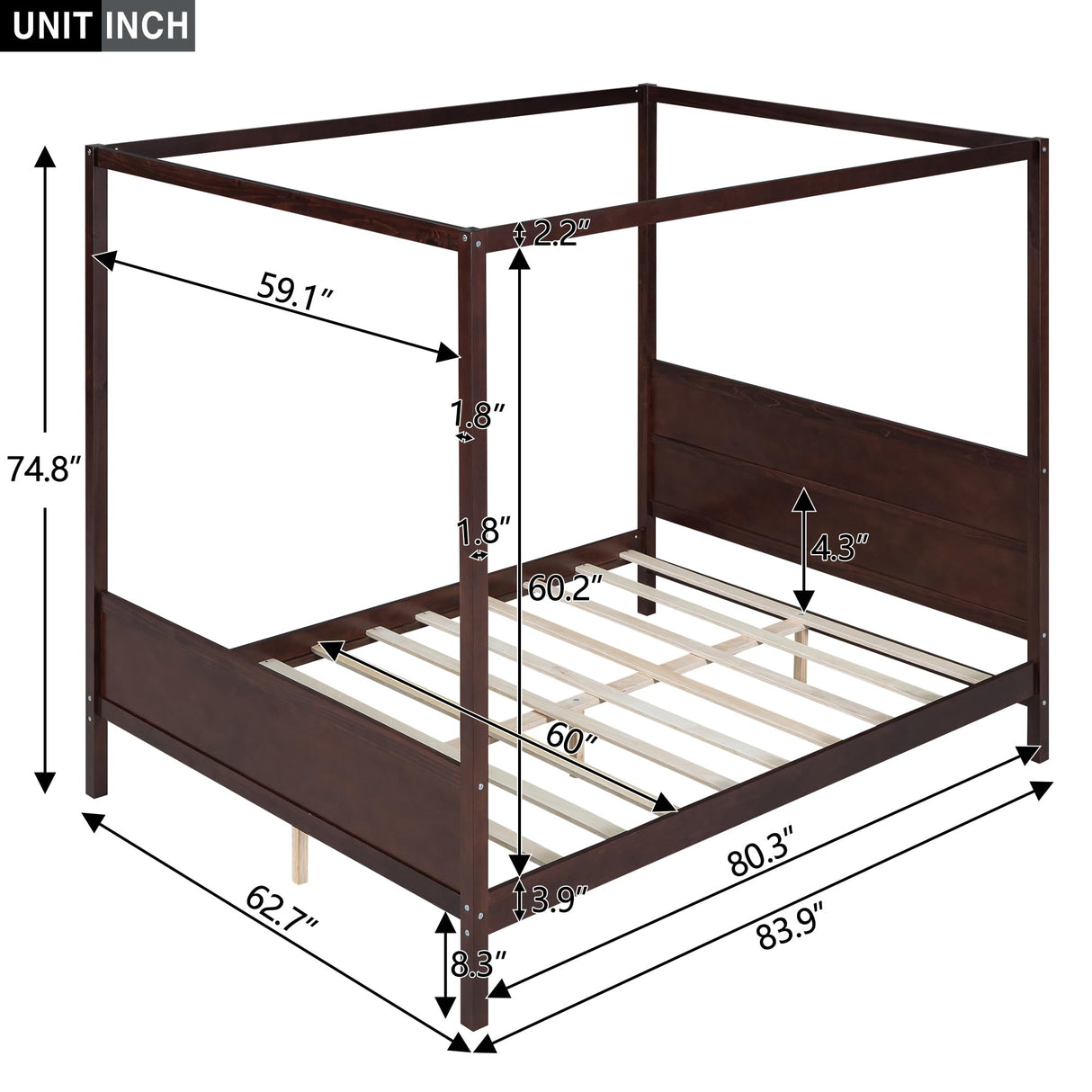 Merax Queen Size Canopy Bed with 4 Wood Legs, Queen Bed Frame Platform Frame with Headboard and Footboard, Under Bed Storage, Slat Support Leg, No Box Spring Needed, Espresso Merax