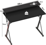 TIQLAB Gaming Desk with Power Outlets & LED 40 Inch Ergonomic Computer Carbon Fiber Surface Gamer Desk, Large Monitor Stand, Headphone Hook, PC Workstation for Bedroom, Black Desk TIQLAB