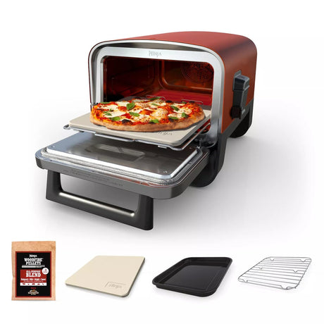Ninja Woodfire Outdoor Pizza Oven, 8-in-1 Portable Electric Roaster Oven, Heats up to 700°F, 5 Artisan Pizza Settings, Integrated BBQ Smoker Box, Includes Flavored Wood Pellets, Red (Renewed) Ninja