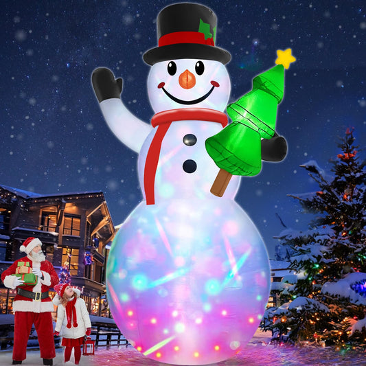 [ 360° Rotating Colorful Magic Light ] 14 Ft Giant Christmas Inflatables Snowman Outdoor Decorations with Christmas Tree & Hat Blow Up Yard Inflatables Build-in LEDs for Lawn Garden Xmas Party Decor