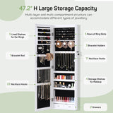 Zibbizo Jewelry Organizer Cabinet, 47.2-Inch Lockable Jewelry Armoire with Full-Length Mirror, Wall or Door-Mounted, Large Storage with 6 LEDs, 3.85" D x 14.25" W x 47.24" H, White Zibbizo