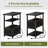Yoobure Narrow Side Table, LED End Table with Charging Station, 3-Tier End Tables Living Room with Adjustable Fabric Drawer, Small Nightstand with Outlets, Storage Night Stand for Bedroom Small Spaces Yoobure