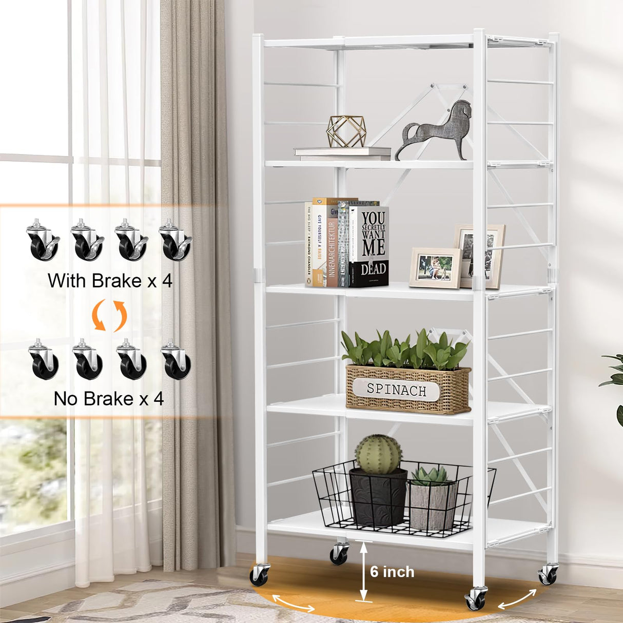 Himix 5 Tier Foldable Storage Shelves, Expandable Folding Pantry Shelf with Wheels, Changeable into 2 Shelf Units, Collapsible Storage Rack Metal Shelves for Kitchen, Room, Garage, White Himix