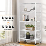 Himix 5 Tier Foldable Storage Shelves, Expandable Folding Pantry Shelf with Wheels, Changeable into 2 Shelf Units, Collapsible Storage Rack Metal Shelves for Kitchen, Room, Garage, White Himix