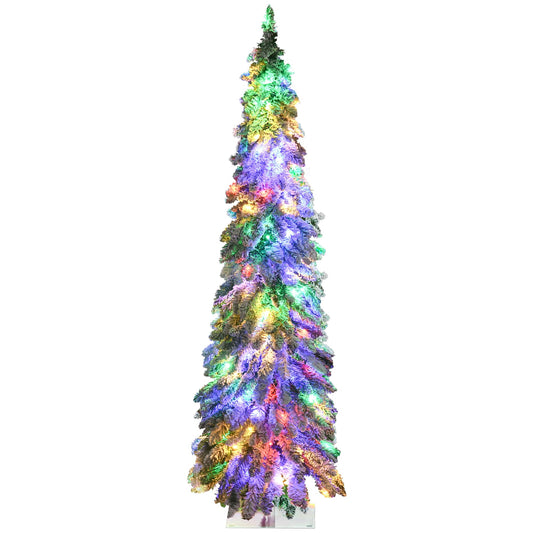 HOMCOM 5ft Tall Prelit Pencil Artificial Christmas Tree Holiday Décor with 334 Snow Flocked Branches, 150 Warm White or Colorful LED Lights, Downswept Shape