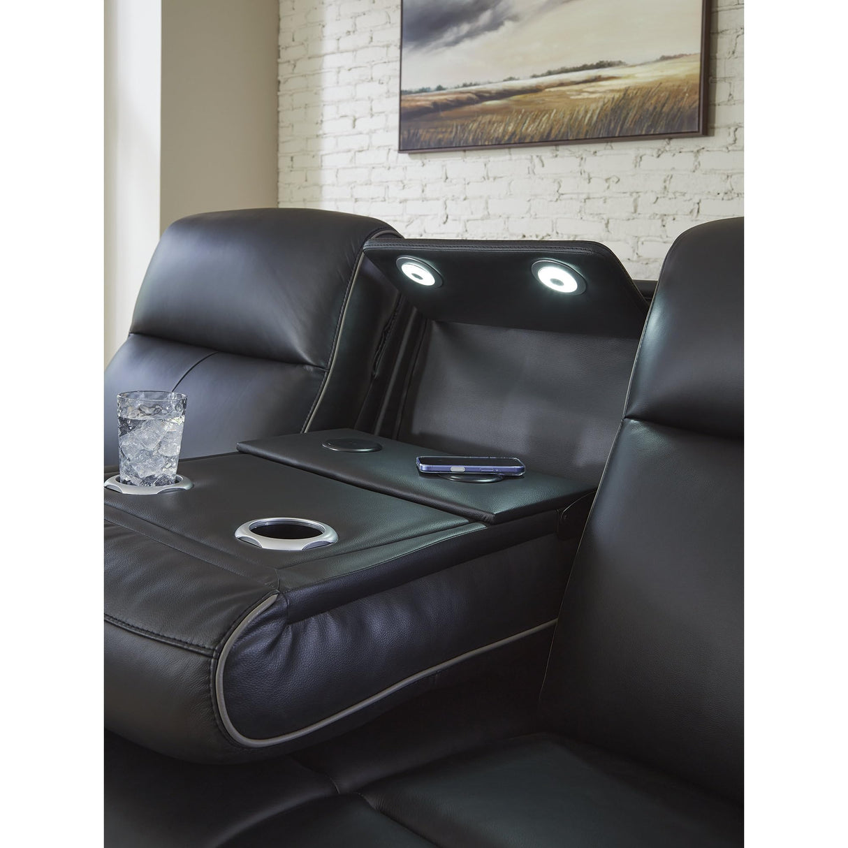 Signature Design by Ashley 5Z-Dreamlight Modern Leather Match Power Reclining Sofa with Drop Down Table, Massage System and Adjustable Headrest, Black Signature Design by Ashley