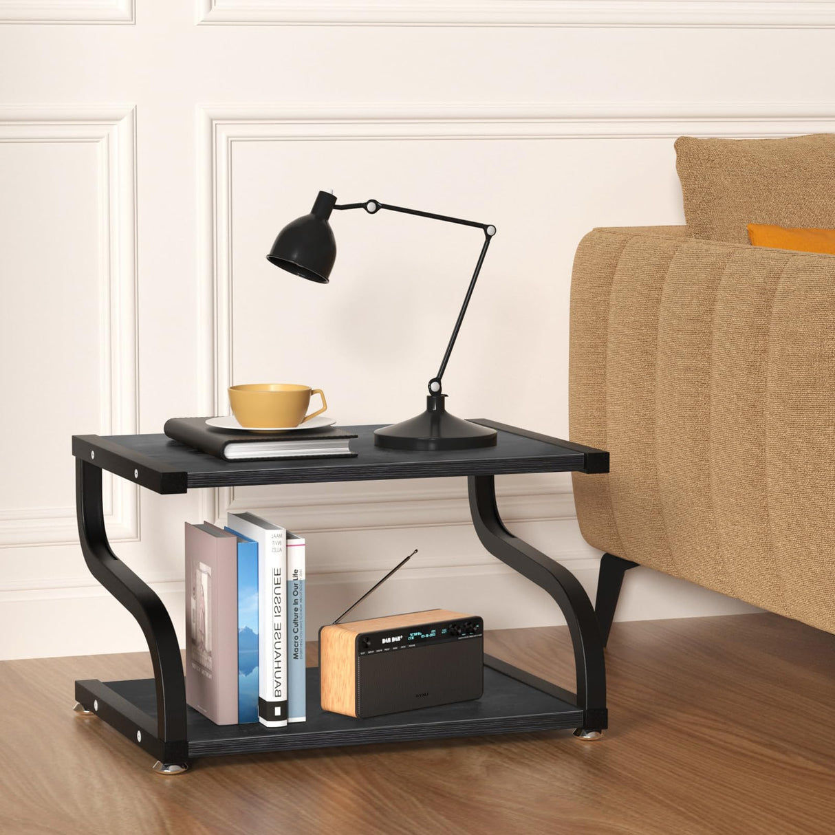 URLINE Printer Stand with Storage 2 Tier Desktop Shelf Printer Table Organizer Anti-Slip Heavy Duty Modern Wooden Shelf for Office Home,Black URLINE