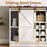 Farmhouse Coffee Bar Cabinet with Storage, 47 Inch Coffee Bar Hutch with Sliding Barn Doors, Wine Bar Cabinet with LED Light and Mirror, White Coffee Bar Table with Wine and Glass Rack for Living Room 4ever2buy