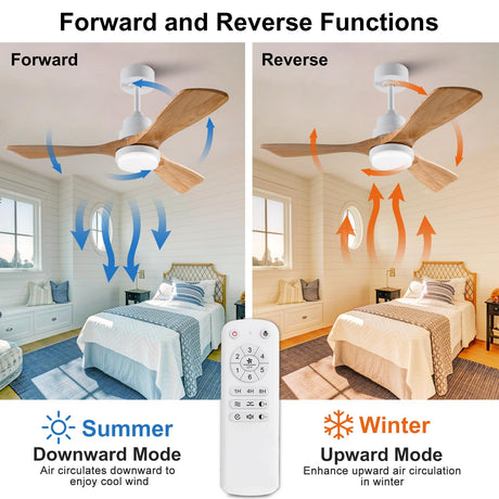 BOJUE 42 Inch White Ceiling Fans with Lights and Remote,Dimmable LED Light,Quite Reversible DC Motor,Memory Function,Modern Solid Wood Indoor Outdoor Ceiling Fan with Light for Farmhouse Bedroom Patio BOJUE