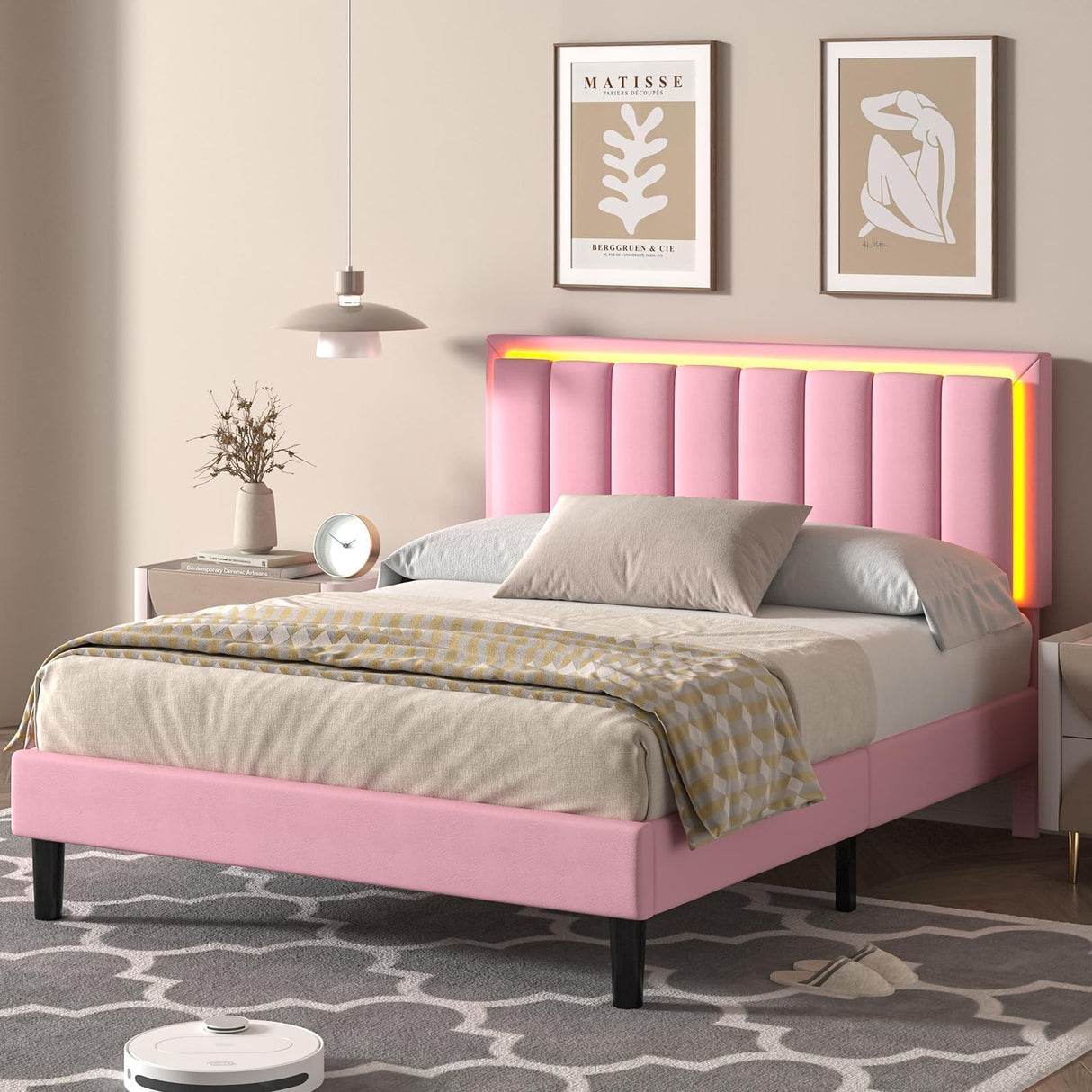 IMMERSTABLE Pink Full Size Bed Frame with LED Lights, Upholstered Bed Frame Full with Headboard, Heavy Duty Wood Slats Support, Noise-Free, No Box Spring Needed, Easy Assembly IMMERSTABLE