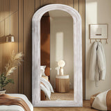 ZHUNFA Arched Full Length Mirror with Solid Wood Frame, 71x32 Farmhouse Wall Mirror Full Length with Stand, Vertical Hanging, Leaning Standing for Bedroom, Living Room, Rustic White ZHUNFA