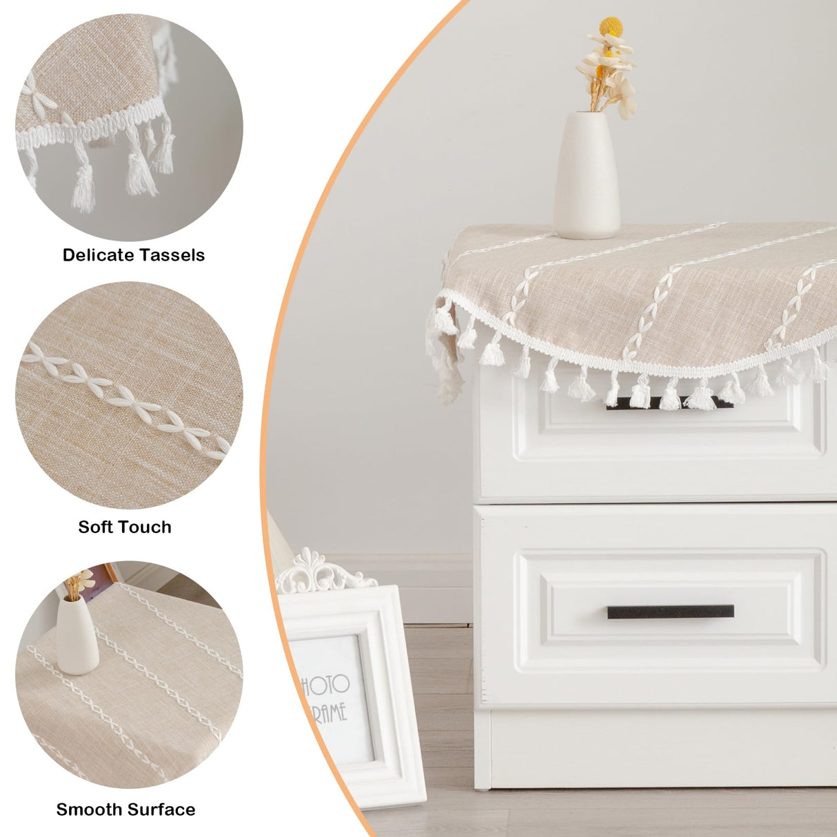 YZKITM Round Rustic Small Tablecloth Washable Striped Jacquard Linen Doily Heavy Weight Farmhouse Style Tassel Table Cover for Kitchen Dining Party Night Tables Decoration 24 Inch Light Coffee YZKITM