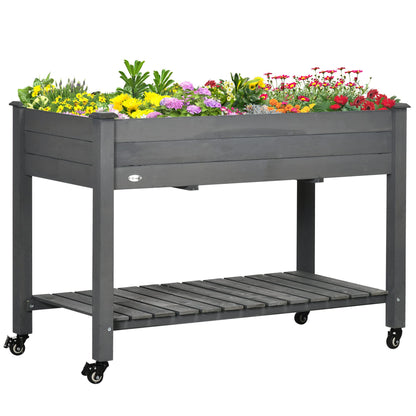 Outsunny Raised Garden Bed, 47" x 22" x 33", Elevated Wooden Planter Box w/Lockable Wheels, Storage Shelf, and Bed Liner for Backyard, Patio, Dark Gray