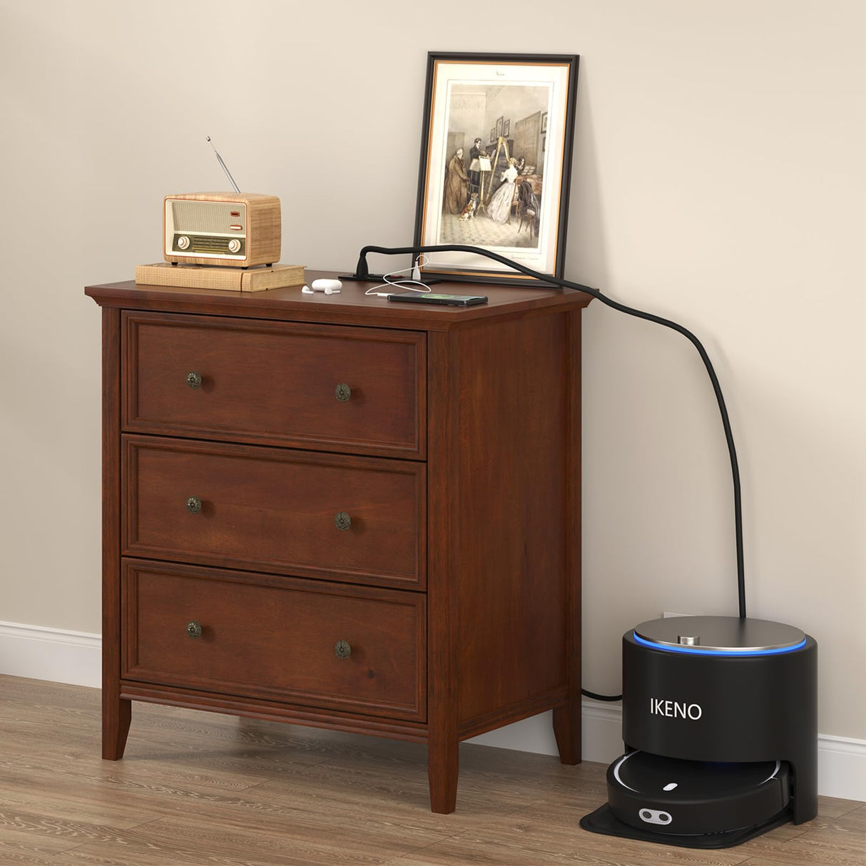 IKENO Nightstand with 3 Drawers and Charging Station, Solid Wood Nightstand Organizer for Bedroom IKENO