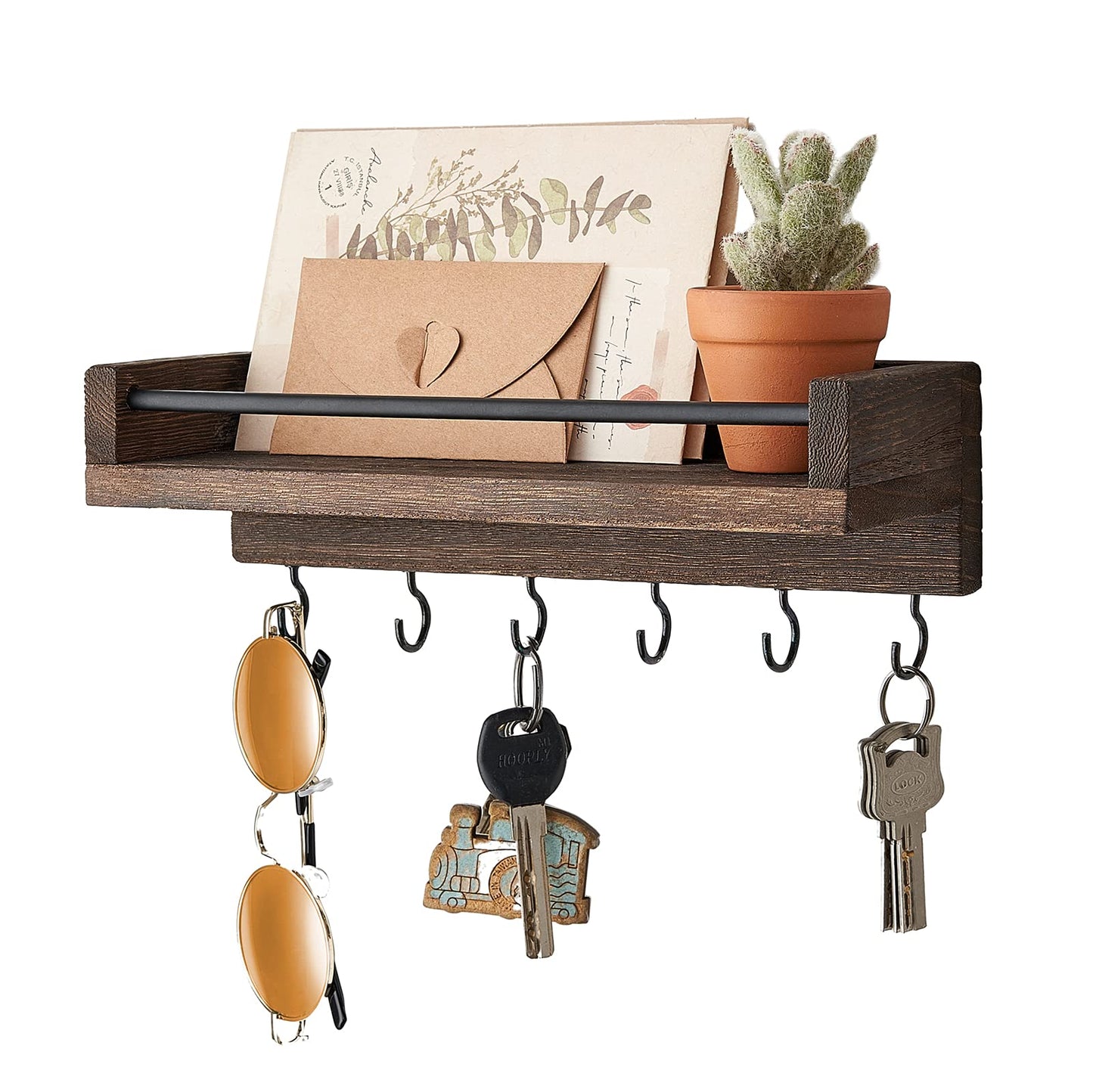 Mkono Key Holder for Wall 9.5" x 3.5" x 2.5" Small Rustic Wood Key Rack with 6 Hooks Decorative Display Keys Hanger Organizer for Entryway Living Room Bedroom Bathroom Office Home Decor