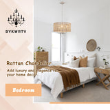 BYKWRTV Rattan Farmhouse Chandelier Light Fixture, 5-Light Boho Chandeliers for Dining Room with Wicker Lampshade, Rattan Pendant Light Drum Chandelier for Living Room Kitchen Island Bedroom BYKWRTV