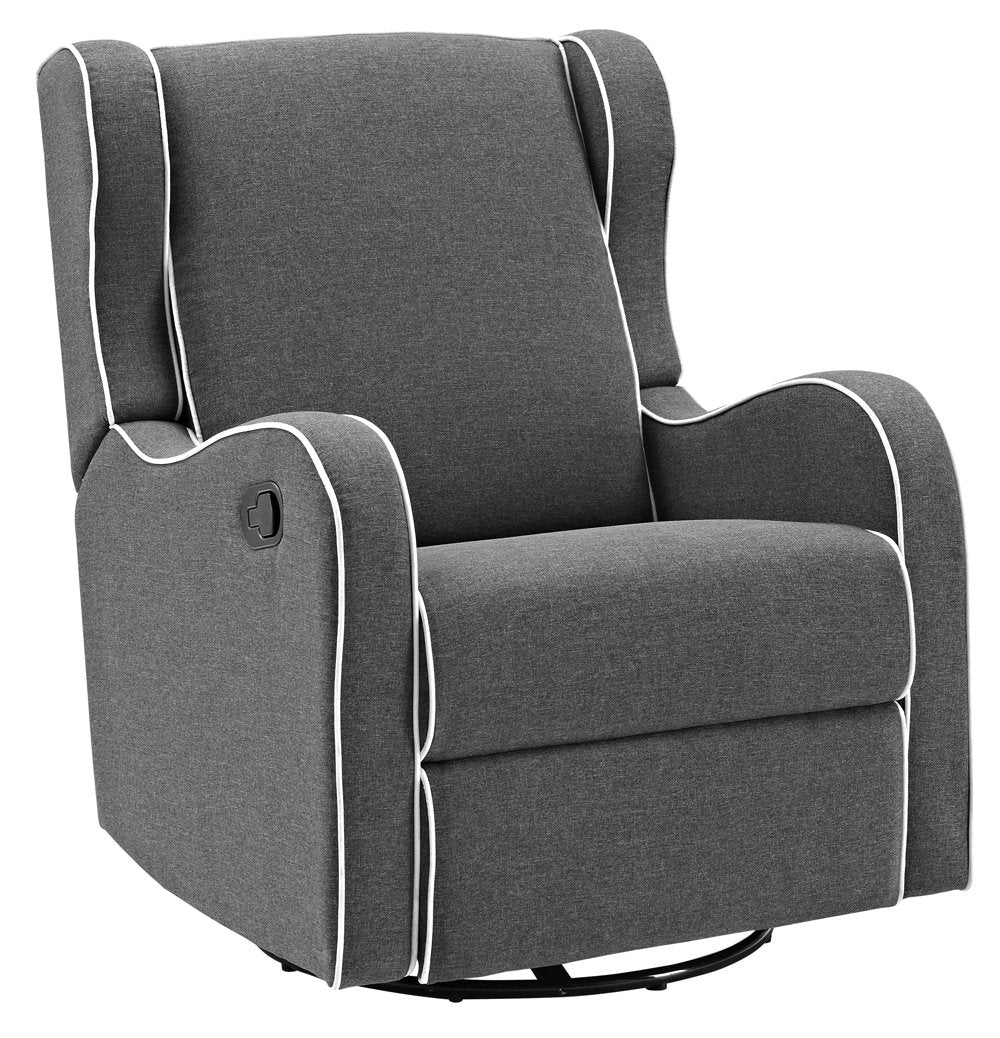Angel Line Rebecca Upholstered Swivel Gliding Recliner, Dark Gray Linen with White Piping Angel Line