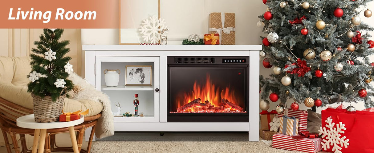 JAMFLY Electric Fireplace TV Stand Wood Mantel for TV Up to 48", Media Entertainment Center Fireplace Console Cabinet w/Storage Bin, Remote Control JAMFLY