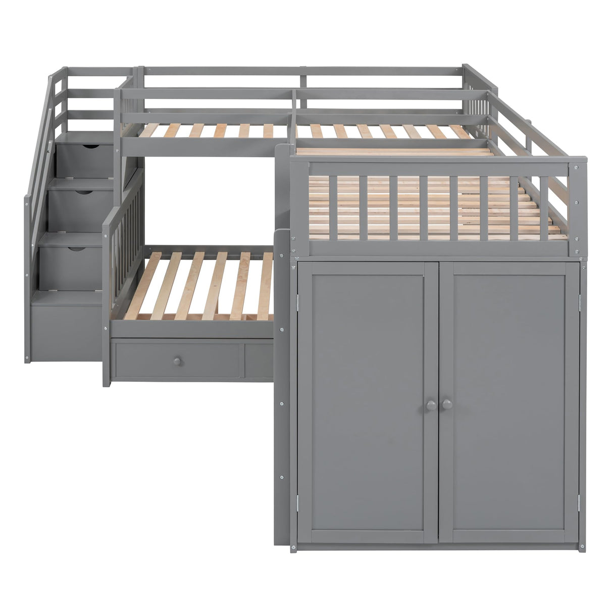 Merax L-Shaped Triple Bunk Bed with Desk & Stairs, Twin & Twin Over Full Bunk Bed for 3, Storage Drawers and Wardrobe Included, for Adults, Boys & Girls, Grey Merax