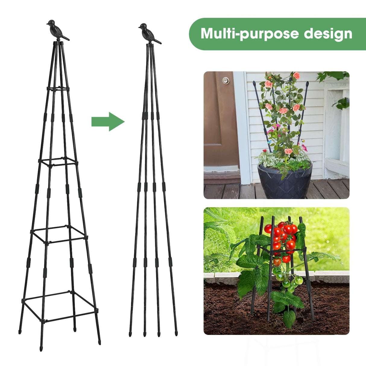 MQHUAYU 2 Pack Garden Obelisk Trellis for Climbing Plants Outdoors, 65 Inch Rustproof Plant Stand Climbing Support with Adjustable Heights for Indoor Potted Plants, Vines, Flowers Stands, Vegetables MQHUAYU