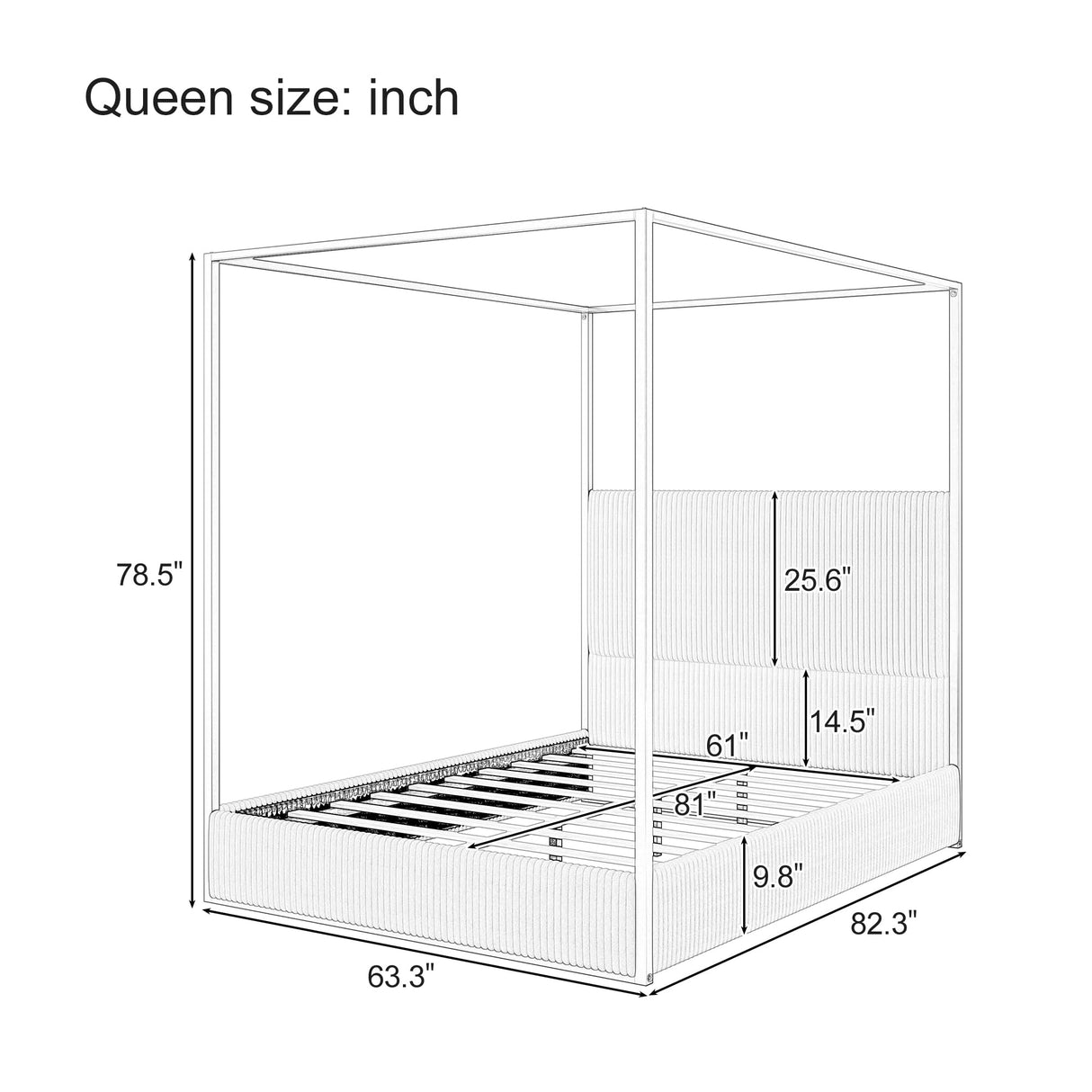 Queen Size Metal Canopy Bed with Tall Upholstered Channel Headboard and Gold 4 Poster, No Box Spring Needed (Beige+Gold, Queen) BEDGJH