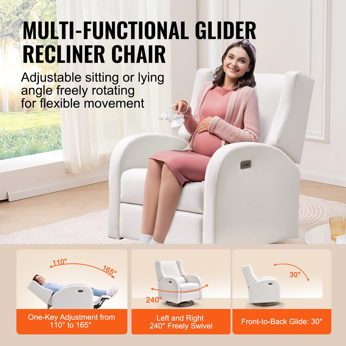 VEVOR Electronic Power Recliner and Swivel Glider, 250 lbs Weight Capacity Swivel Glider Recliner Chair with USB Port, Polyester Surface Swivel Rocker Recliner for Living Room, Bedroom, Off White VEVOR