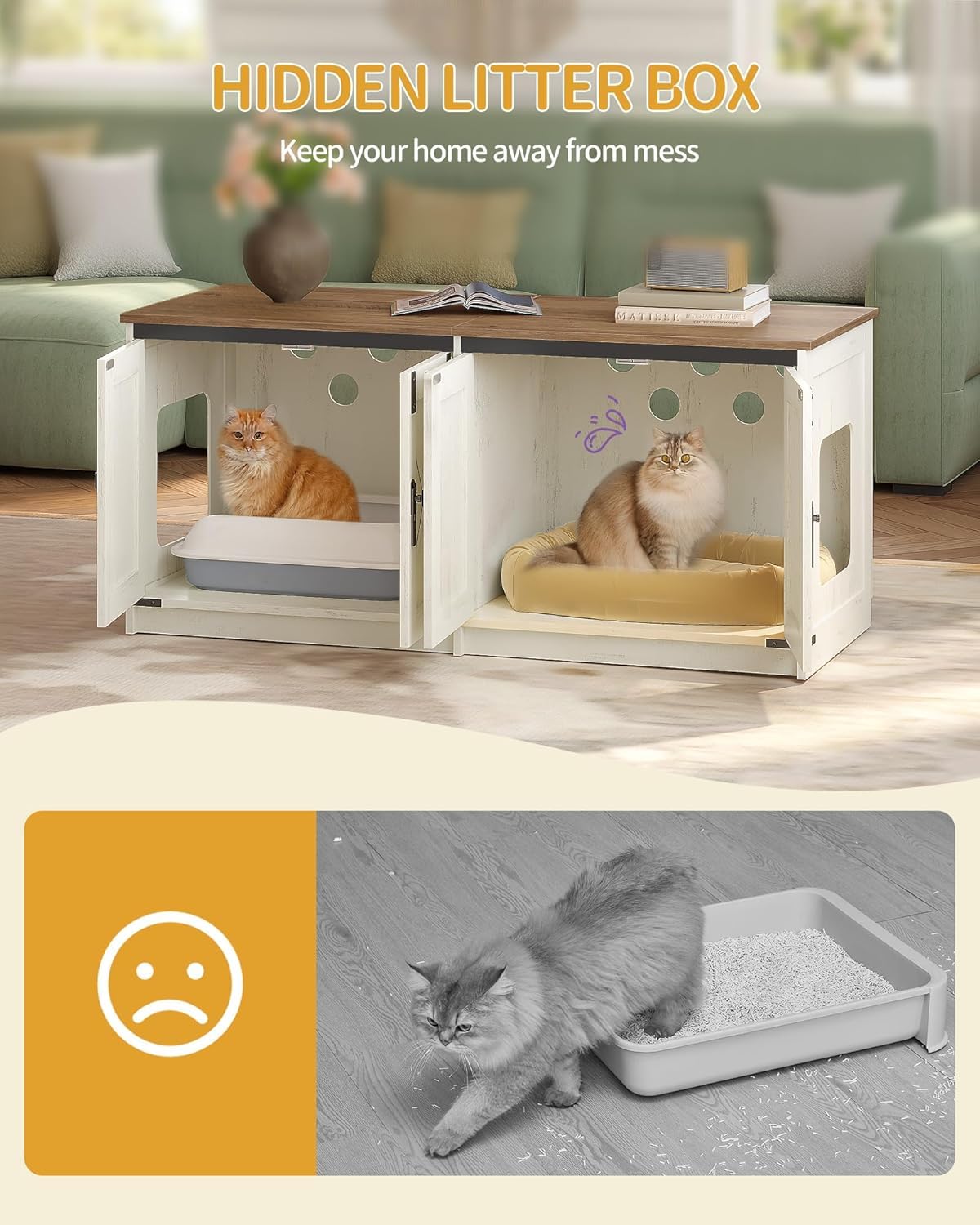 Hzuaneri Cat Litter Box Enclosure for 2 Cats, Hidden Litter Box Furniture Cabinet with Double Room, Indoor Cat House, Farmhouse Style, 46.7 x 18.9 x 21.1 Inches, Rustic Brown and White CB85314X Hzuaneri