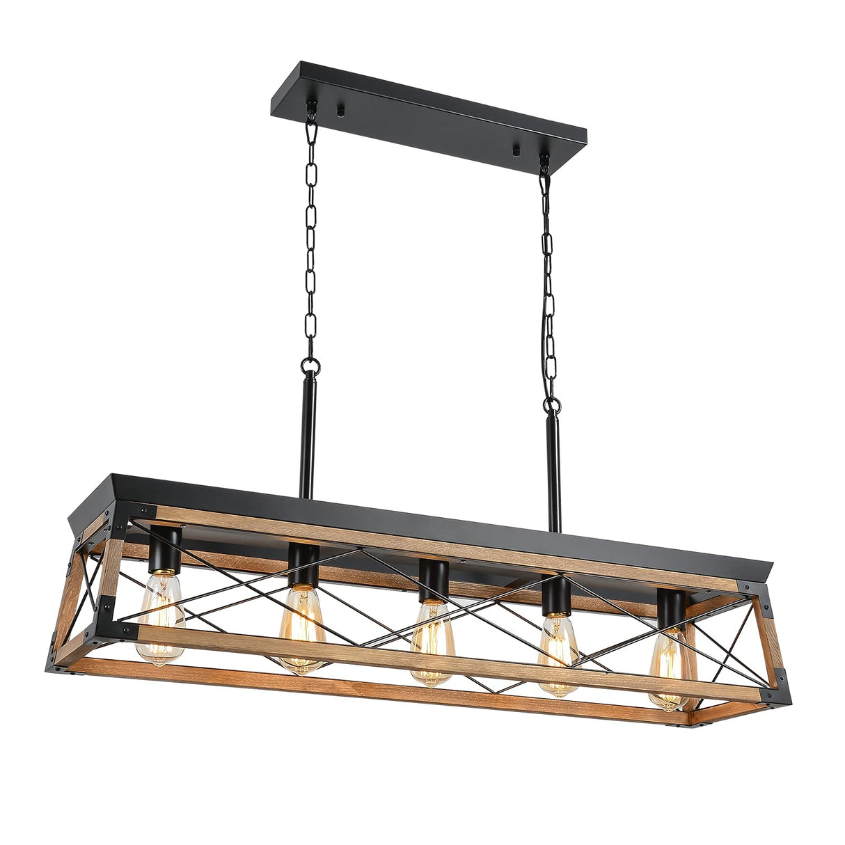 Airposta Farmhouse Rustic Wood Chandelier, 5 Lights Metal Rectangle Dining Room Swag Lighting, Kitchen Island Industrial Linear Cage Pendant Light Fixtures Hanging Lamp Airposta