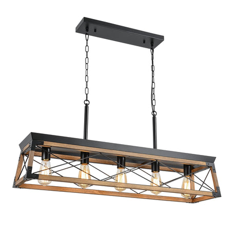 Airposta Farmhouse Rustic Wood Chandelier, 5 Lights Metal Rectangle Dining Room Swag Lighting, Kitchen Island Industrial Linear Cage Pendant Light Fixtures Hanging Lamp Airposta